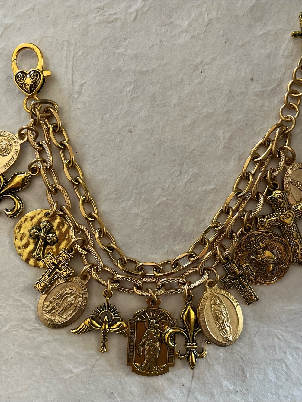 Catholic Saints and Crosses Charm Bracelet, Gold Tone Medals - Picture 10 of 12